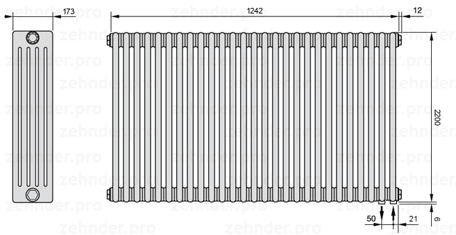 Схема (чертеж) Радиатор Zehnder Charleston 5220/27 №5510 Белый глянцевый RAL 9016